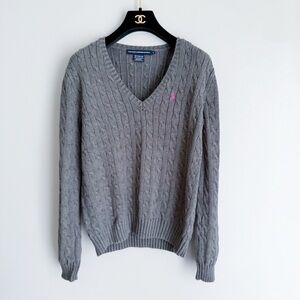 Vtg 90s Y2K Ralph Lauren Sport cable knit 100 % cotton V-neck knit sweater